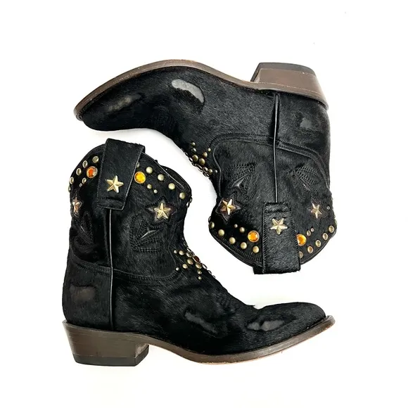 Vintage Y2K black pony hair leather studded rhinestone cowboy ankle boots