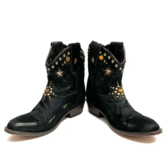Vintage Y2K black pony hair leather studded rhinestone cowboy ankle boots
