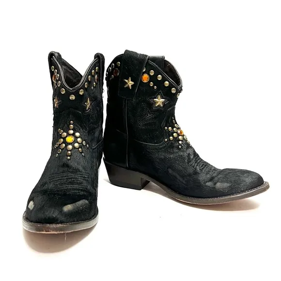 Vintage Y2K black pony hair leather studded rhinestone cowboy ankle boots