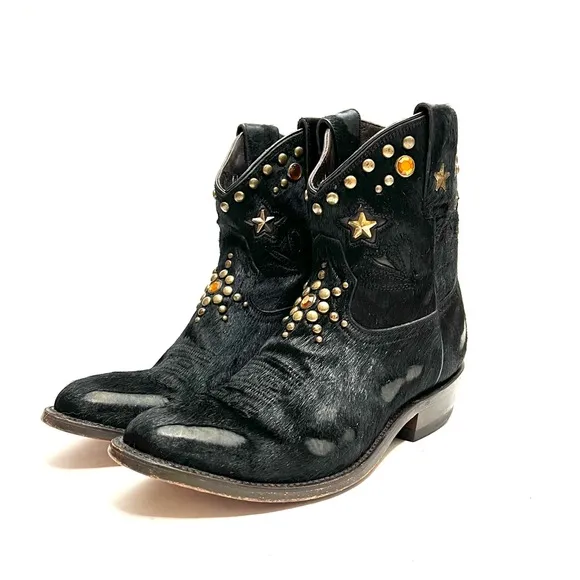 Vintage Y2K black pony hair leather studded rhinestone cowboy ankle boots