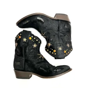 Vintage Y2K black pony hair leather studded rhinestone cowboy ankle boots