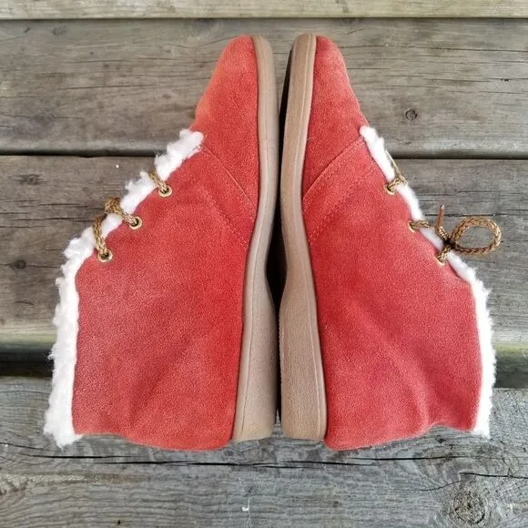Vintage 70s Orange Suede Leather Sherpa Fleece Lined Lace-up Boho Ankle Boots 8