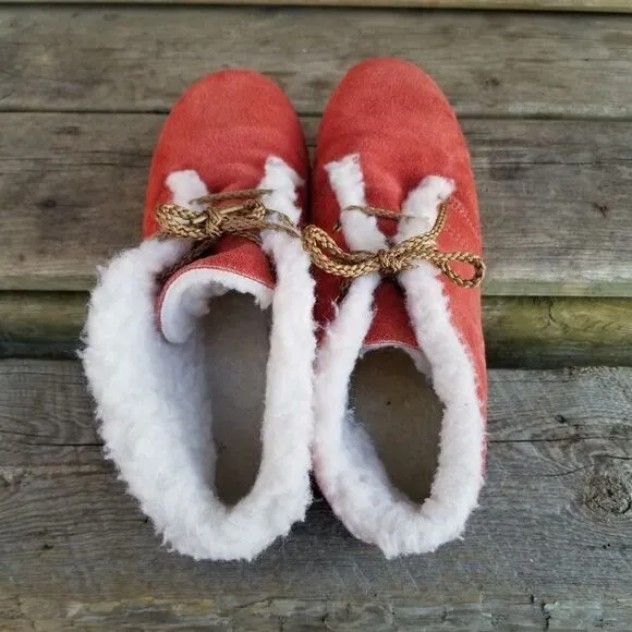 Vintage 70s Orange Suede Leather Sherpa Fleece Lined Lace-up Boho Ankle Boots 8