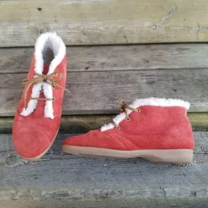 Vintage 70s Orange Suede Leather Sherpa Fleece Lined Lace-up Boho Ankle Boots 8