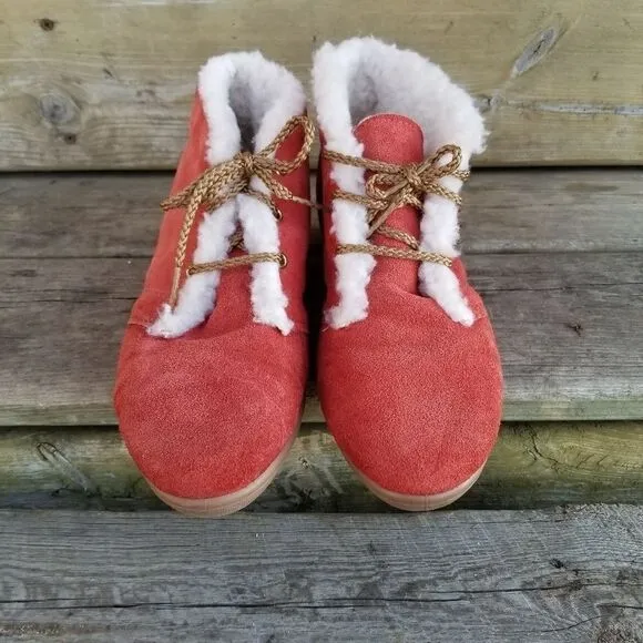 Vintage 70s Orange Suede Leather Sherpa Fleece Lined Lace-up Boho Ankle Boots 8