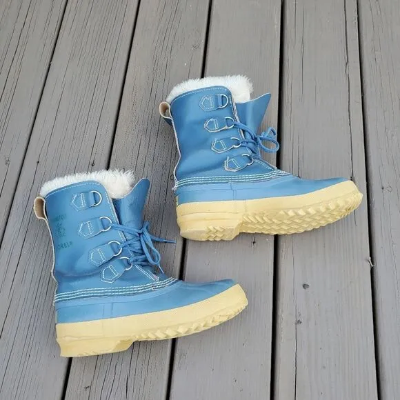 Vintage 90s y2k Sorel Manitou Blue Leather Waterproof Winter Snow Duck Boots 6