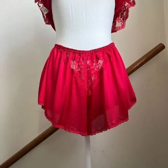 Vintage red satin lace bedroom set shorts top coquette chic 100% nylon