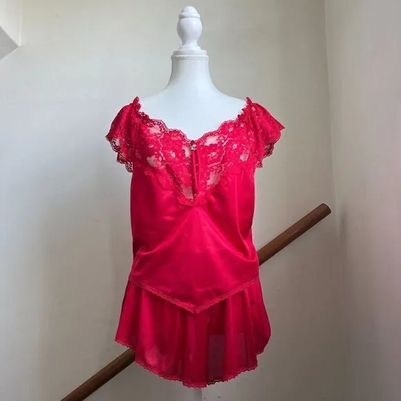 Vintage red satin lace bedroom set shorts top coquette chic 100% nylon