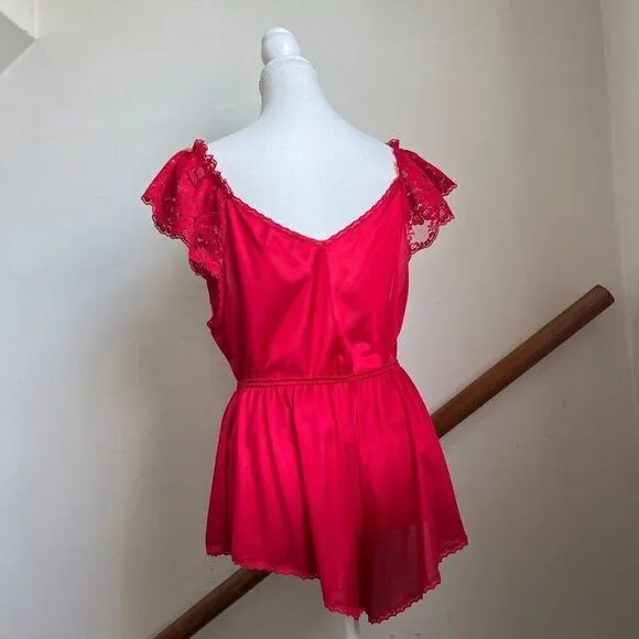 Vintage red satin lace bedroom set shorts top coquette chic 100% nylon