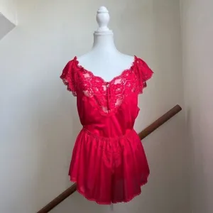 Vintage red satin lace bedroom set shorts top coquette chic 100% nylon