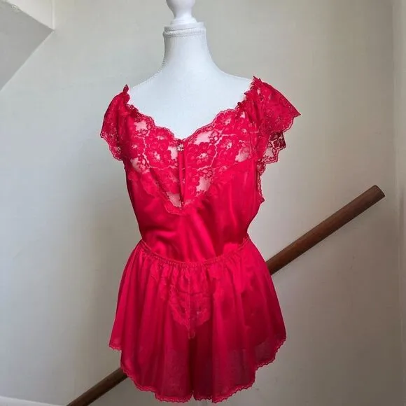Vintage red satin lace bedroom set shorts top coquette chic 100% nylon