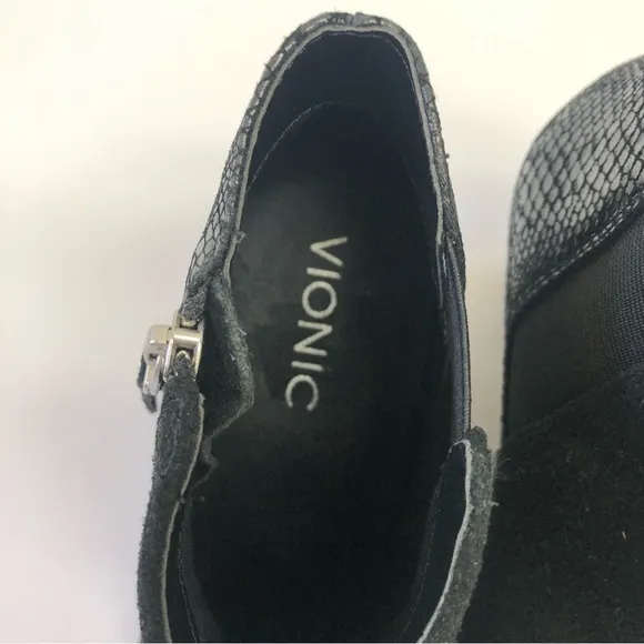 Vionic Anne black side zip booties.