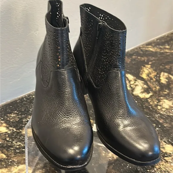 Vionic stylish Black Ankle Boots with Chunky Heel and Perforated Design