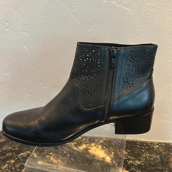 Vionic stylish Black Ankle Boots with Chunky Heel and Perforated Design