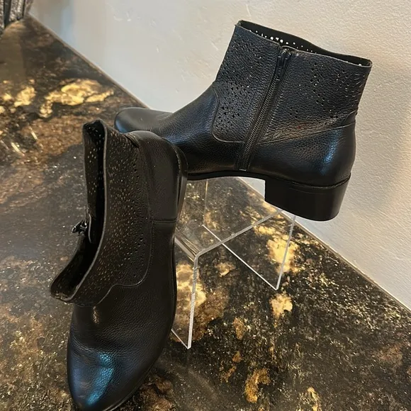 Vionic stylish Black Ankle Boots with Chunky Heel and Perforated Design