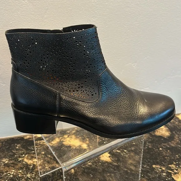Vionic stylish Black Ankle Boots with Chunky Heel and Perforated Design