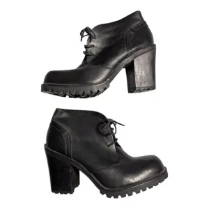 Vtg 1990s MIA Black Leather Chunky Block Heel Chukka Lace Up Ankle Boots Sz 9