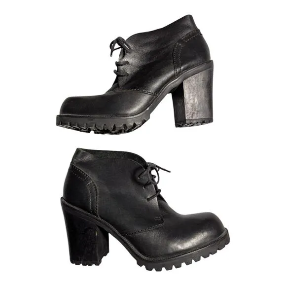 Vtg 1990s MIA Black Leather Chunky Block Heel Chukka Lace Up Ankle Boots Sz 9