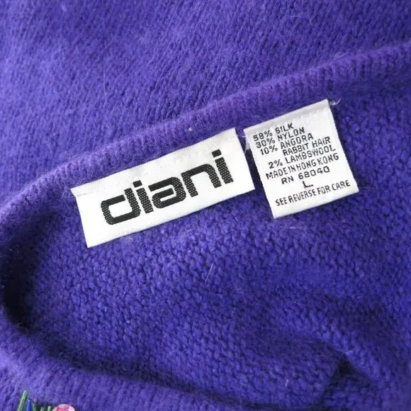 VTG 80s Purple Silk Angora Dolman Sweater | Beaded Jeweled Neckline | Size L