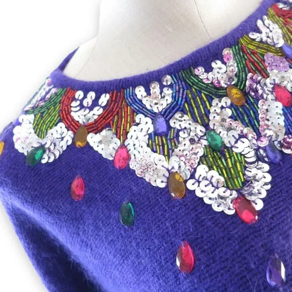 VTG 80s Purple Silk Angora Dolman Sweater | Beaded Jeweled Neckline | Size L