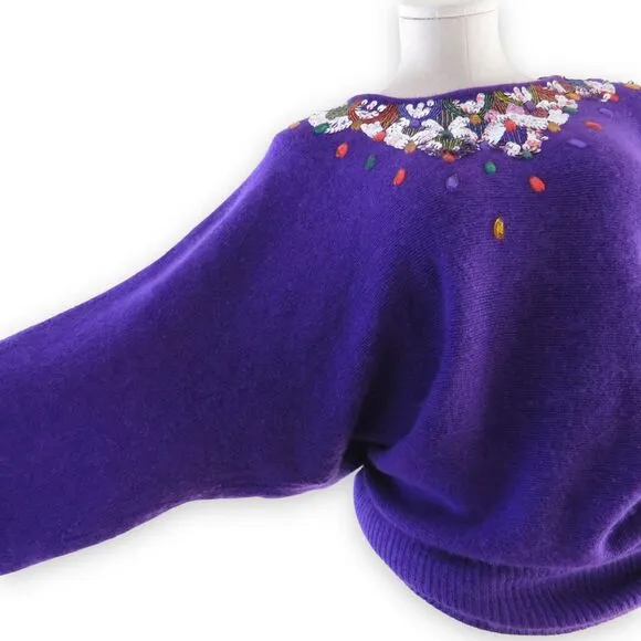 VTG 80s Purple Silk Angora Dolman Sweater | Beaded Jeweled Neckline | Size L