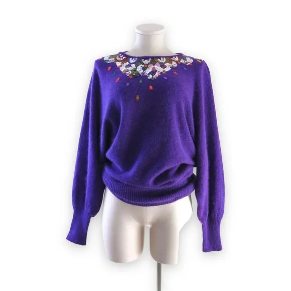 VTG 80s Purple Silk Angora Dolman Sweater | Beaded Jeweled Neckline | Size L