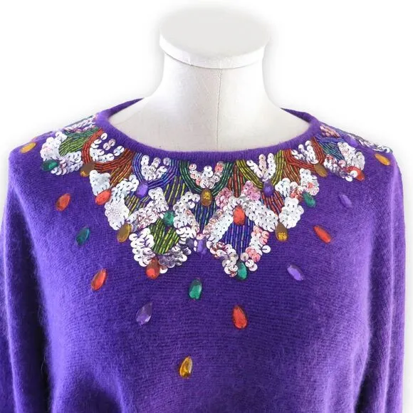 VTG 80s Purple Silk Angora Dolman Sweater | Beaded Jeweled Neckline | Size L