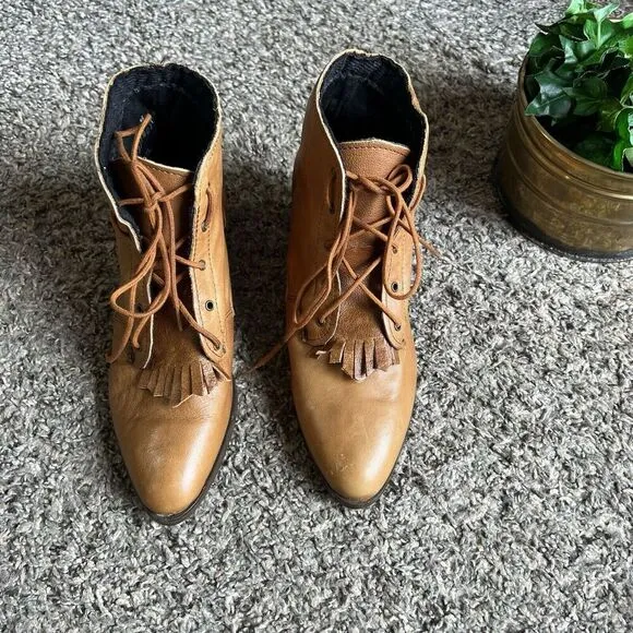 Vtg Granny Roper Brown Leather Boots Western Lace Fringe Riding Kiltie 5.5 New