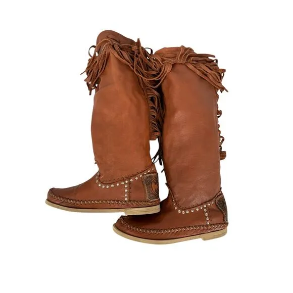VTG Hector Riccione Leather Boots Fringe Bohemian Western Southwestern Italy 6-7