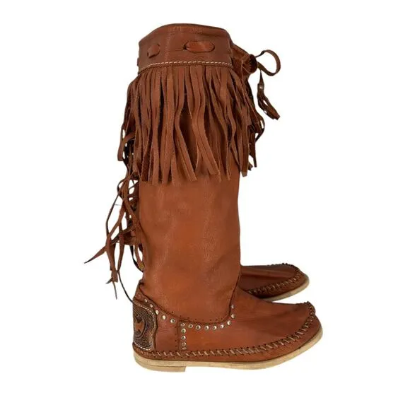 VTG Hector Riccione Leather Boots Fringe Bohemian Western Southwestern Italy 6-7