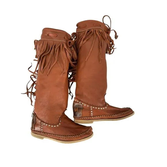 VTG Hector Riccione Leather Boots Fringe Bohemian Western Southwestern Italy 6-7