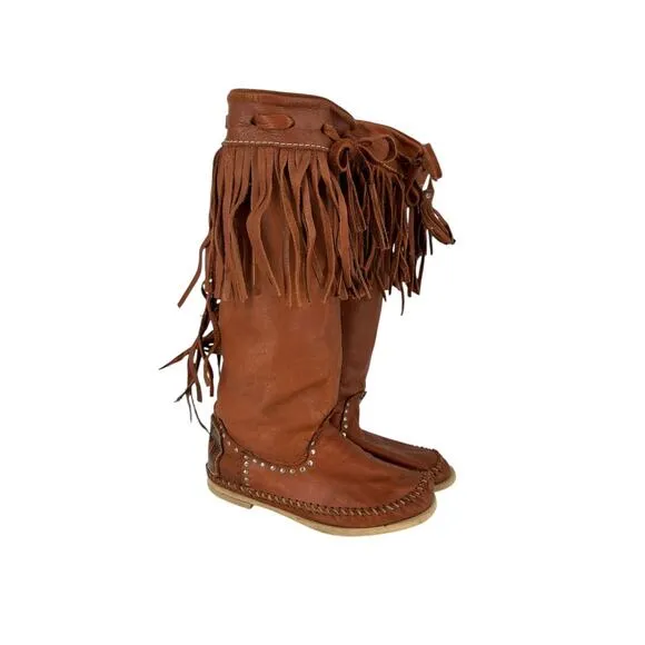 VTG Hector Riccione Leather Boots Fringe Bohemian Western Southwestern Italy 6-7
