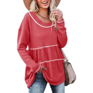 Waffle V Neck Tunic Peplum Flowy Swing Loose Long Sleeve Sweater Red S