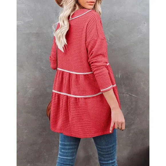 Waffle V Neck Tunic Peplum Flowy Swing Loose Long Sleeve Sweater Red S