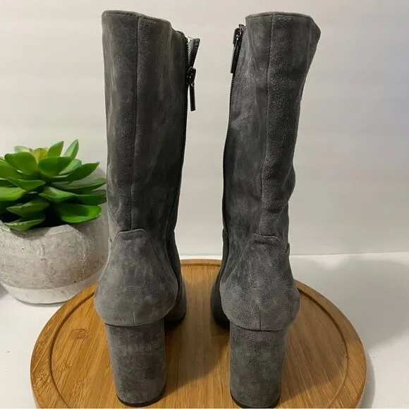 White House Black Market Charlie Grey Suede Boots Mid Leather Chunky Heel Size 8