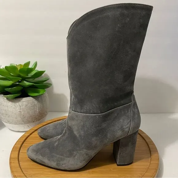 White House Black Market Charlie Grey Suede Boots Mid Leather Chunky Heel Size 8