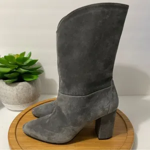 White House Black Market Charlie Grey Suede Boots Mid Leather Chunky Heel Size 8