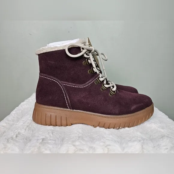 White Mountain Glory Womens Suede Ankle Combat &amp; Laceup Boots BURGUNDY 7.5/38EU
