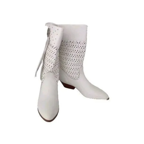 White Western Boots Studded Detail Faux Leather Cowgirl Booties Size?