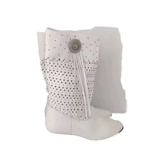 White Western Boots Studded Detail Faux Leather Cowgirl Booties Size?