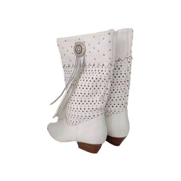 White Western Boots Studded Detail Faux Leather Cowgirl Booties Size?