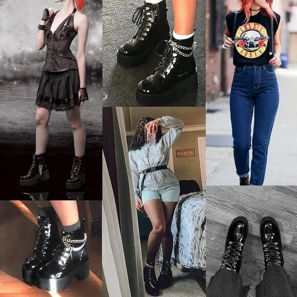 🆕Women Black Fashion Block Heel Platform Combat Ankle Boots Lace up Calf Boots