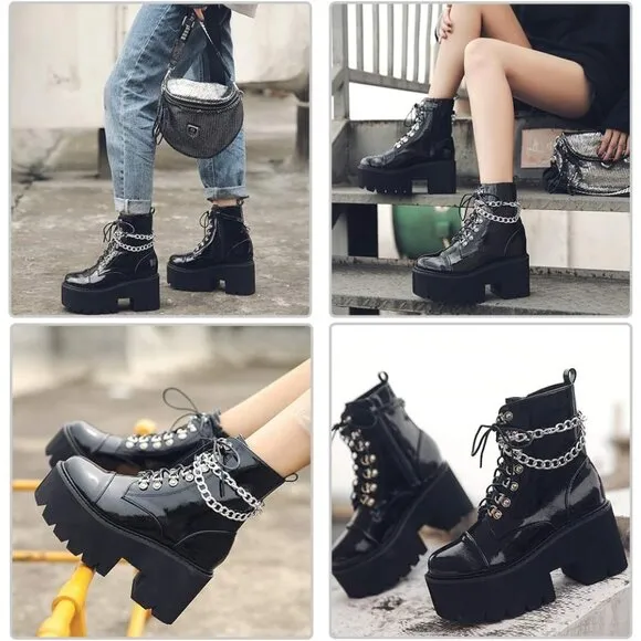 🆕Women Black Fashion Block Heel Platform Combat Ankle Boots Lace up Calf Boots