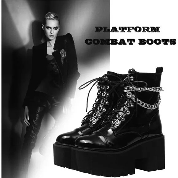 🆕Women Black Fashion Block Heel Platform Combat Ankle Boots Lace up Calf Boots