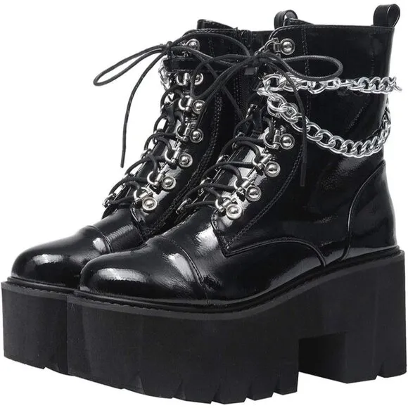 🆕Women Black Fashion Block Heel Platform Combat Ankle Boots Lace up Calf Boots
