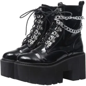 🆕Women Black Fashion Block Heel Platform Combat Ankle Boots Lace up Calf Boots