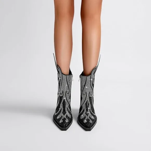 Women Black Superfine fiber Fashion Sparkly Cowboy Ankle Booties
