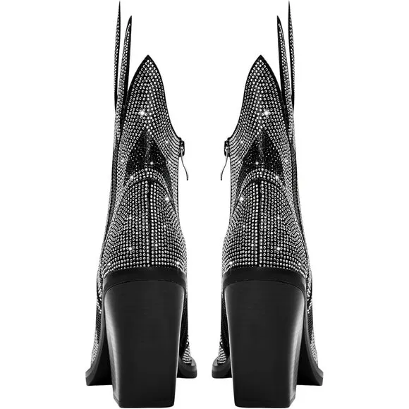 Women Black Superfine fiber Fashion Sparkly Cowboy Ankle Booties