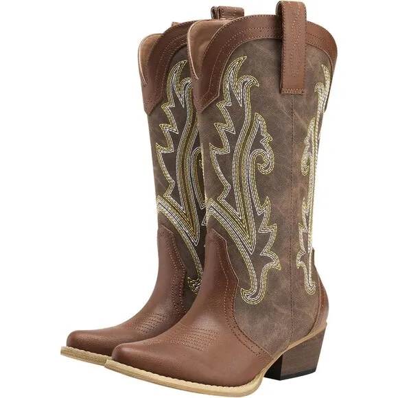 Women Brown Synthetic Western Boots Ladies Pointy Toe Fashion