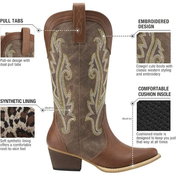 Women Brown Synthetic Western Boots Ladies Pointy Toe Fashion